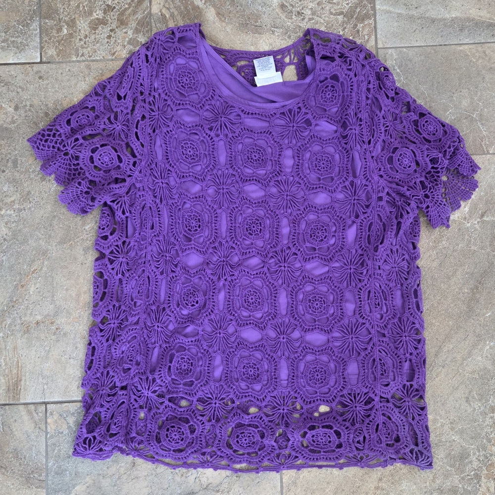 Blair Violet Crochet Lace Top Women XL‎ Beachy Boho Youthful Vibrant Lined